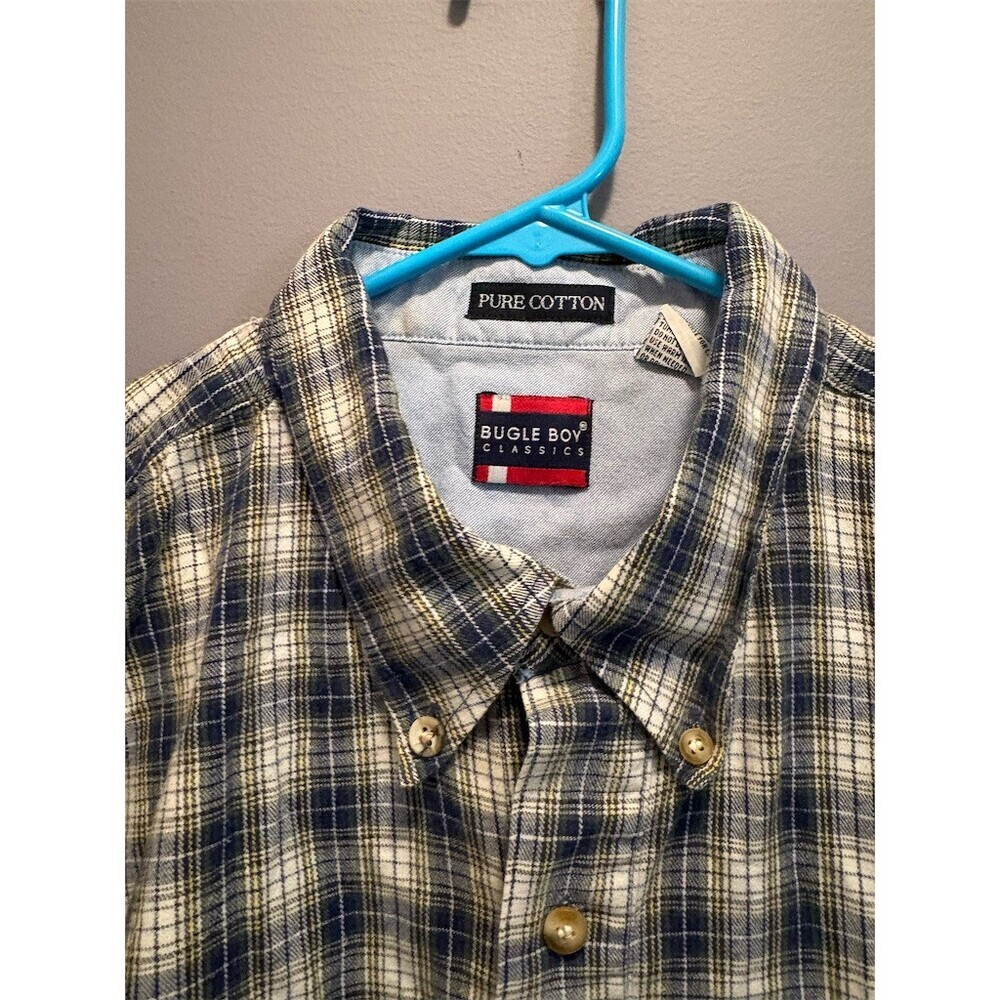Bugle Boy Classics Shirt Mens 2XL Navy Cream Plaid Button Down Long Sleeve - Picture 3 of 9